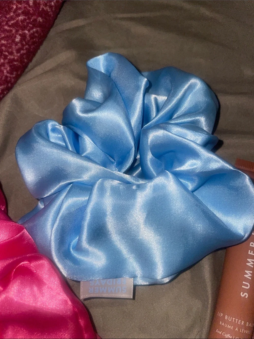 Summer Fridays Lip Butter Balm with Hot Pink and Sky Blue Satin Scrunchies